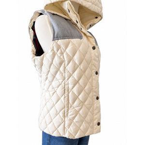 Tommy Hilfiger Ivory Quilted Hooded Vest Gray Yoke Plaid Lined Preppy Medium NWOT
