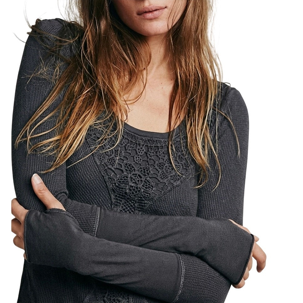 Free People Rose Garden Washed Charcoal Grey Lace Accent w Thumb Thermal Top
