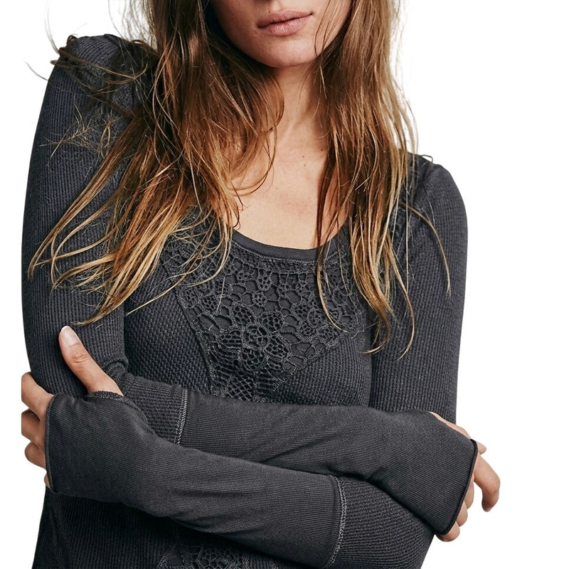 Free People Rose Garden Washed Charcoal Grey Lace Accent w Thumb Thermal Top