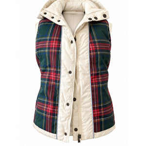 Tommy Hilfiger Ivory Quilted Hooded Vest Gray Yoke Plaid Lined Preppy Medium NWOT