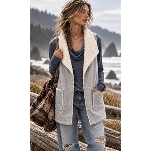 Hem and Thread Heather Grey Cozy Fleece Longline Reverse Vest Large NWOT