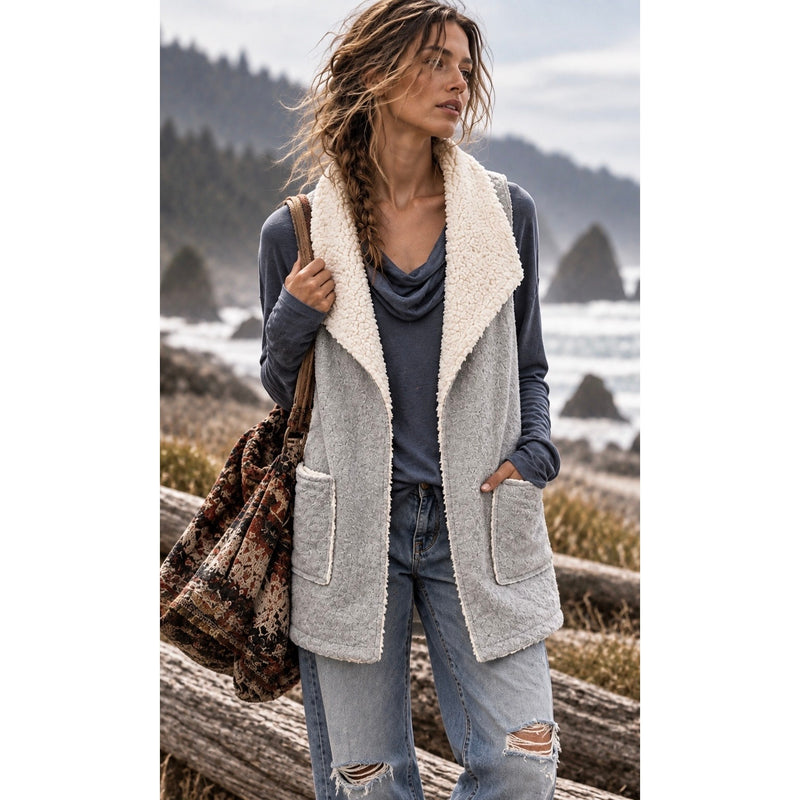 Hem and Thread Heather Grey Cozy Fleece Longline Reverse Vest Large NWOT