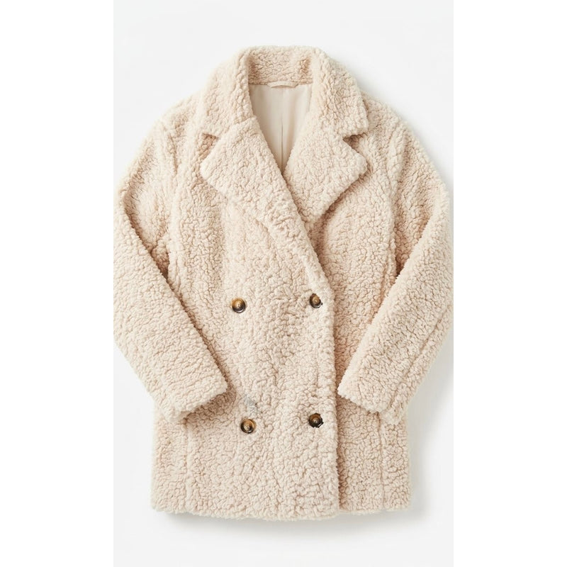 Cottagecore Cozy Cream Teddy Sherpa Double-Breasted Peacoat Jacket Size Medium
