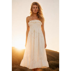 Free People Small White Hi Hello Smocked Strapless Feminine Midi Dress NWOT