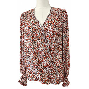 Max Studio Medium Floral Surplice High-Low Wrap Blouse Smocked Long Sleeve Orange Black