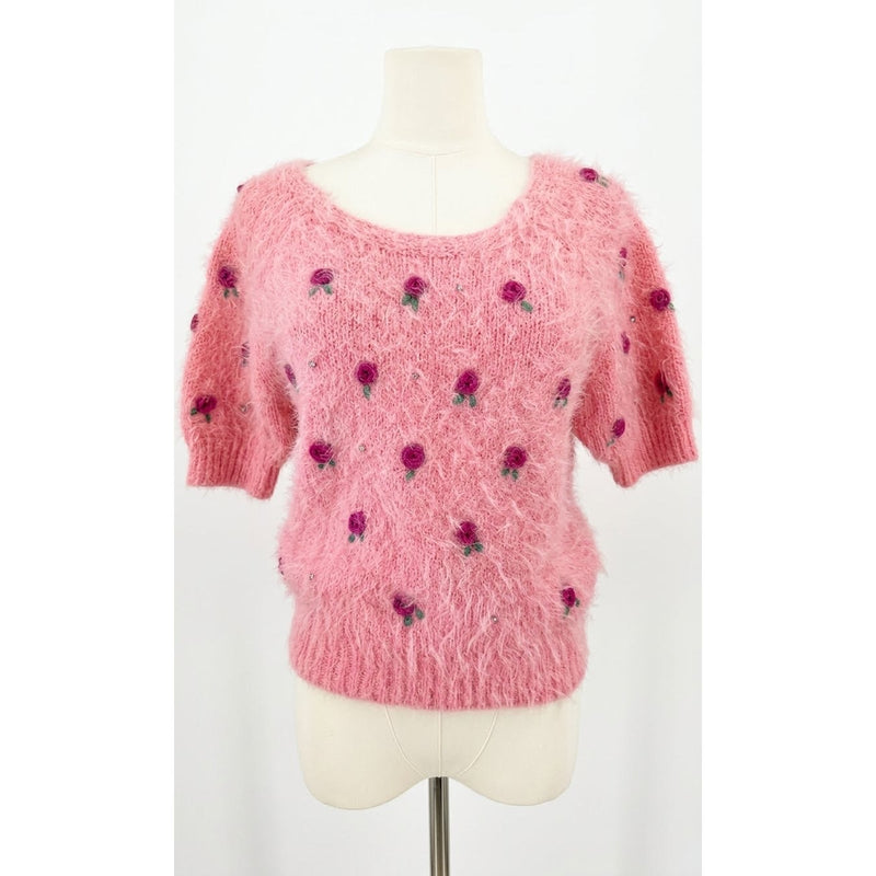 Free People Large Winter Blooms Appliqué Fuzzy Short Sleeve Sweater Pink