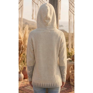 Hem and Thread Heather Oatmeal Boho Aztec Pattern Knit Hoodie Sweater Large NWT