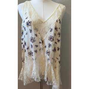 Free People Ivory Purple Floral Lace Inset Handkerchief Hem Swing Tank Top Small
