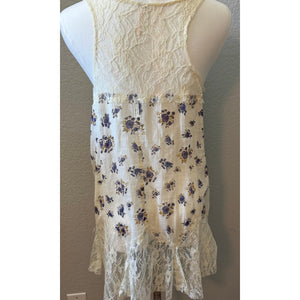 Free People Ivory Purple Floral Lace Inset Handkerchief Hem Swing Tank Top Small