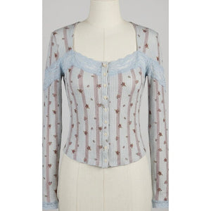 Free People Small Let's Party Cardi Floral Lace Trim Cotton Waffle Knit Top