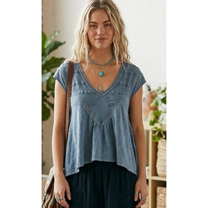 Free People Abigail Oversized Lace V-Neck Hi-Low Cap sleeve Blouse X-Small