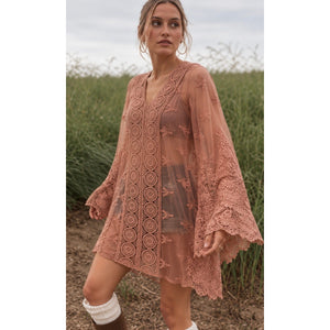 Vintage Free People Susie Sheer Lace Poncho Dusty Rose Top OS