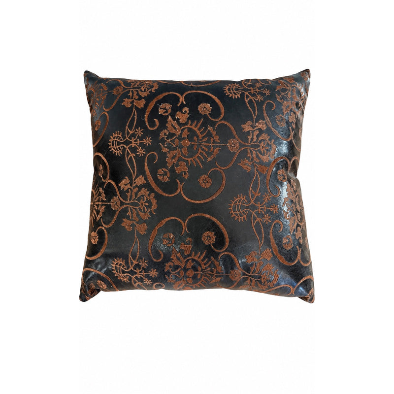 Espresso Brown Embroidered Faux Leather Boho Floral Paisley Stitching Decorative Throw Pillow