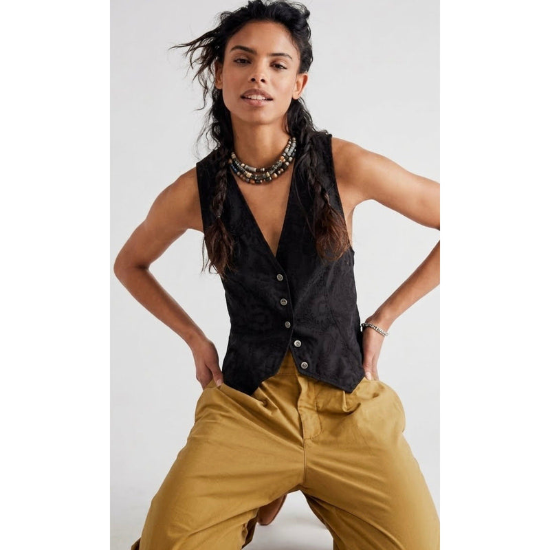 Free People Black Valeria Eyelet Cotton Vest XLARGE Good Condition