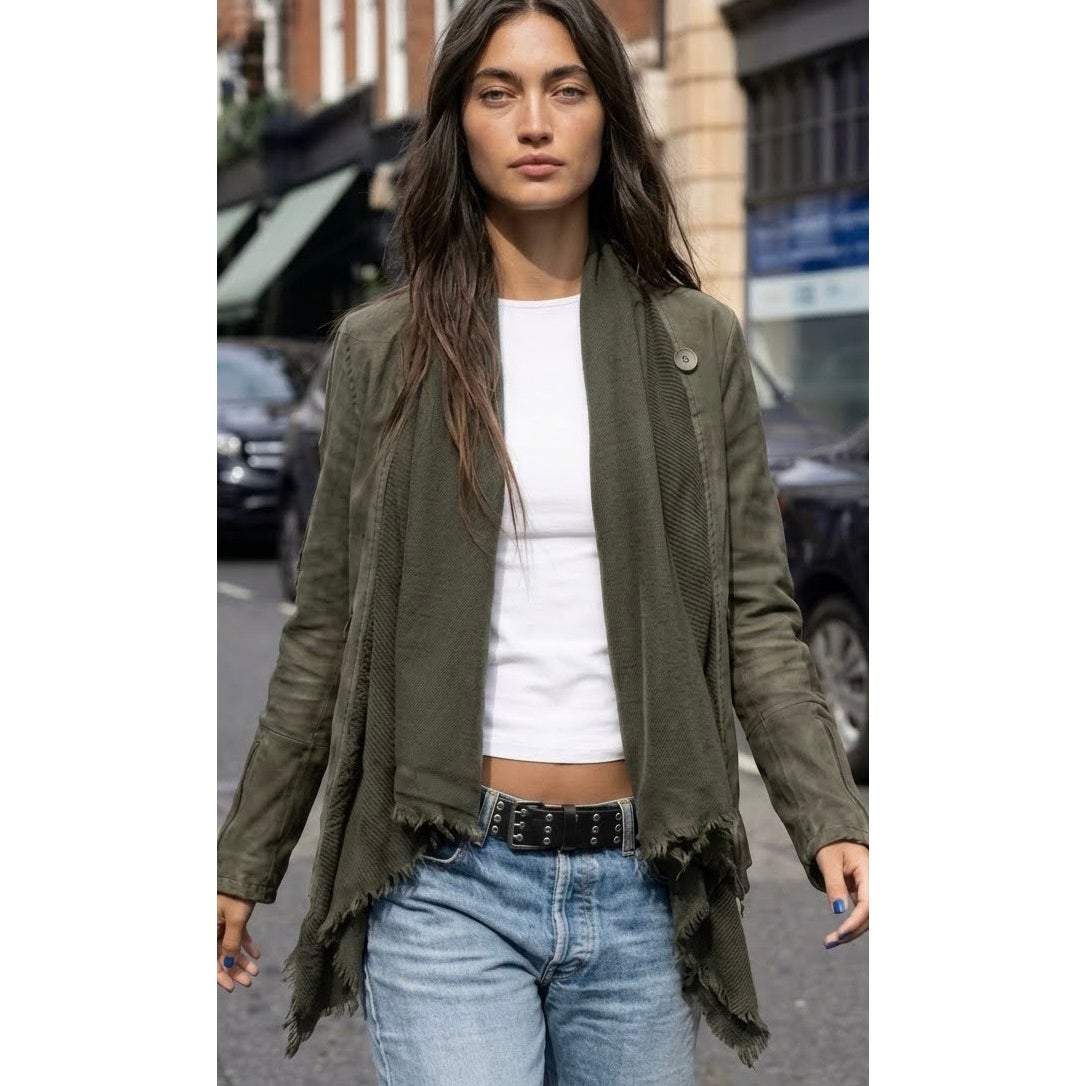 Free People Small Drape Front Coated Denim Moto Jacket