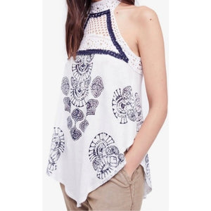 Free People Mandolin White/Navy Crochet Halter Top Large NWT