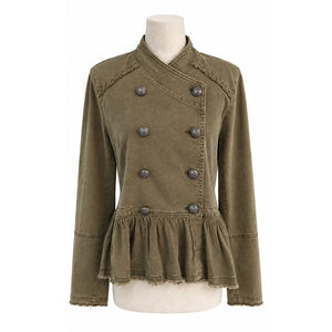 Free People Small Flared Ruffle Hem Military Jacket Olive Green