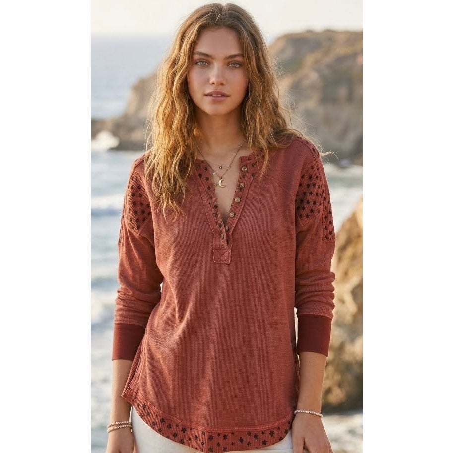 Free People Medium Heart to Heart Henley Top Brick Path NWT