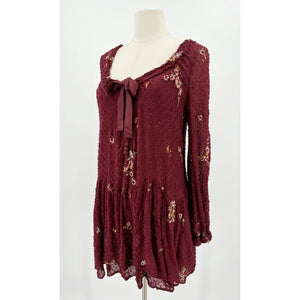 Free People Medium Garden Glory Mini Dress in Cabernet Embroidered Boho Smocked Long Sleeve