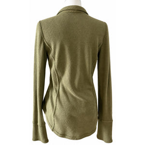 Free People Olive Green Textured Snap Henley Long Sleeve Top Large