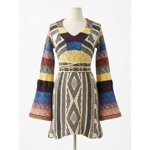 Free People Large Boho Patchwork Bell Sleeve V-Neck Sweater Dress NWOT