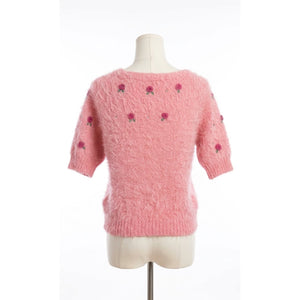 Free People Large Winter Blooms Appliqué Fuzzy Short Sleeve Sweater Pink