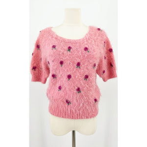 Free People Small Winter Blooms Appliqué Fuzzy Short Sleeve Sweater Pink