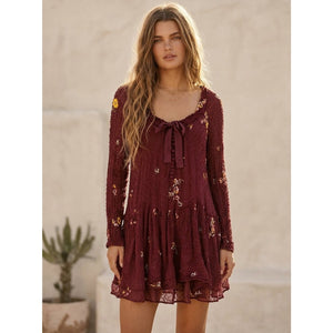 Free People Medium Garden Glory Mini Dress in Cabernet Embroidered Boho Smocked Long Sleeve