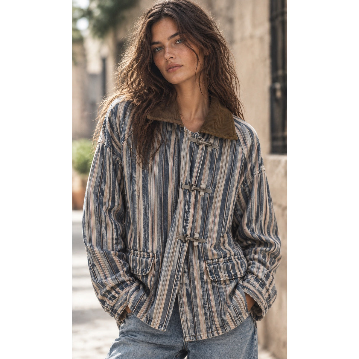 We The Free Free People Large Wagner Stripe Denim Barn Coat Jacket (Fits XL)