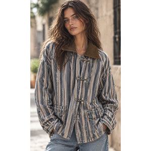 We The Free Free People Large Wagner Stripe Denim Barn Coat Jacket (Fits XL)