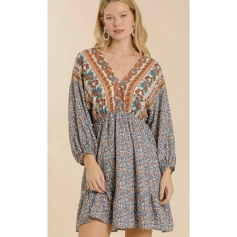 Umgee Mixed Print Long Sleeve Dress Size Large NEW WITH TAGS
