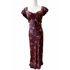 Free People Small Butterfly Babe Brown Satin Lace Feminine Cutout Maxi Dress