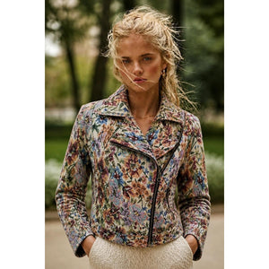 Free People Size 8 Floral Tapestry Moto Jacket Asymmetrical Full Zip Crop Boho