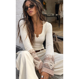 Free People Ivory/Cream Kombucha Crochet Cuff Thermal Knit Top Large