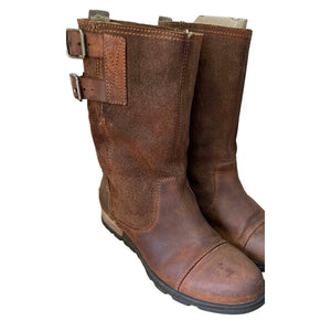 SOREL Major Pull-On Mid-Calf Boots Brown Grizzly Bear Stone Suede Leather Moto Buckle Women's Size 8