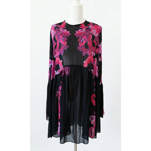 Free People Medium Symphony Embroidered Slip Dress Black Pink Mini Sheer Shift