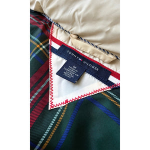 Tommy Hilfiger Ivory Quilted Hooded Vest Gray Yoke Plaid Lined Preppy Medium NWOT