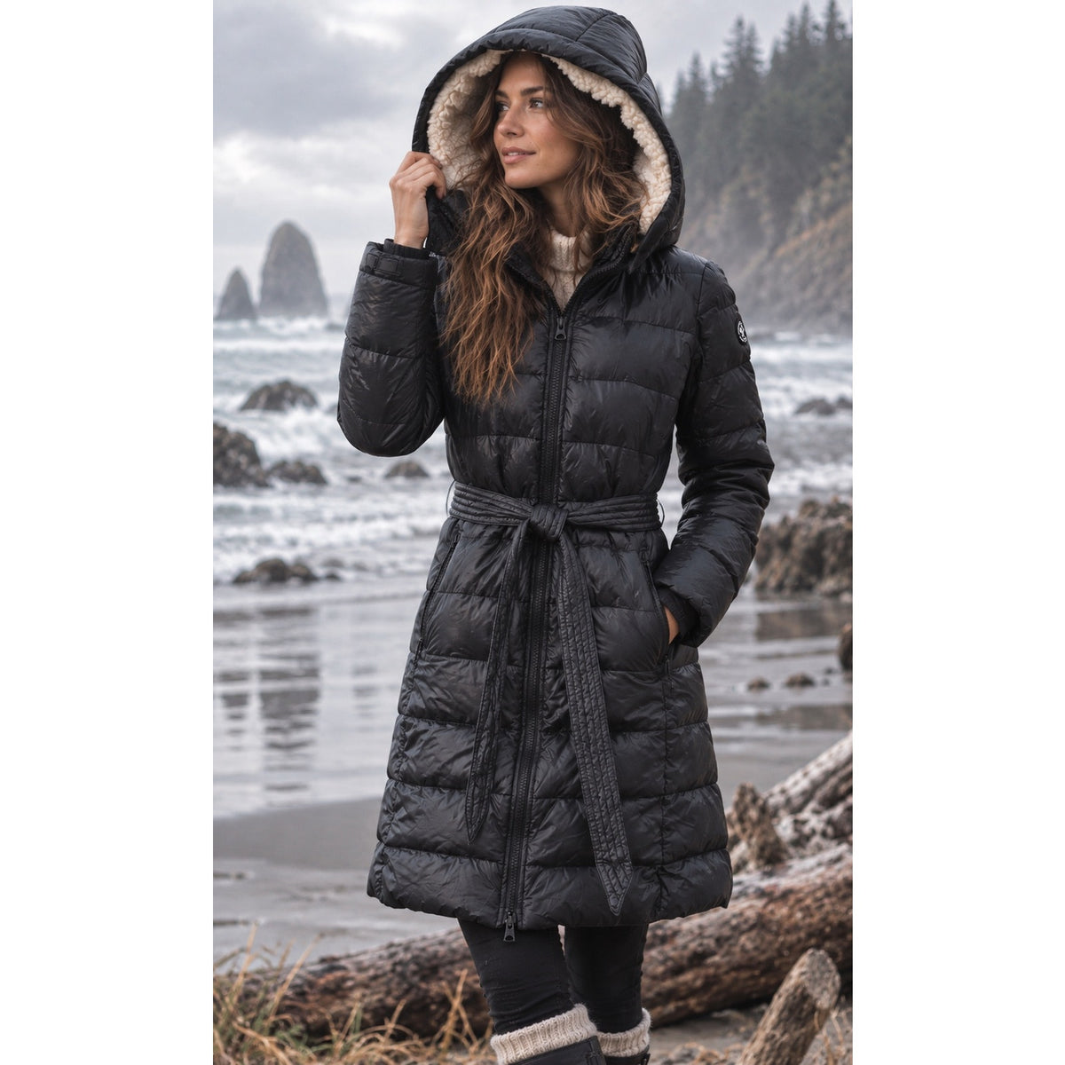 American Eagle Black Down Belted Puffer Coat Sherpa Hood Women’s Large