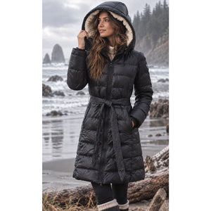 American Eagle Black Down Belted Puffer Coat Sherpa Hood Women’s Large