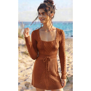 Free People Small Emmaline Cable Knit Mini Sweater Dress Cinnamon
