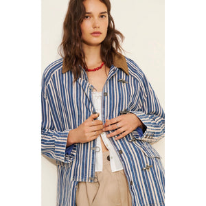 We The Free Free People Large Wagner Stripe Denim Barn Coat Jacket (Fits XL)