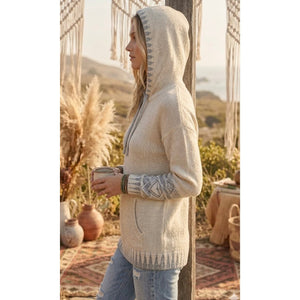 Hem and Thread Heather Oatmeal Boho Aztec Pattern Knit Hoodie Sweater Large NWT