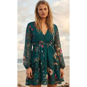 Free People Large Cherry Blossom Mini Dress Emerald Green