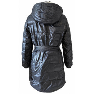 American Eagle Black Down Belted Puffer Coat Sherpa Hood Women’s Large