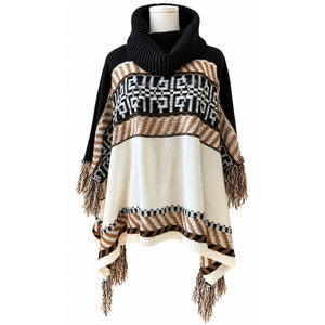 ON BLUE Cowl Neck Boho Fringe Poncho Sweater Black Cream Brown S/M NWT