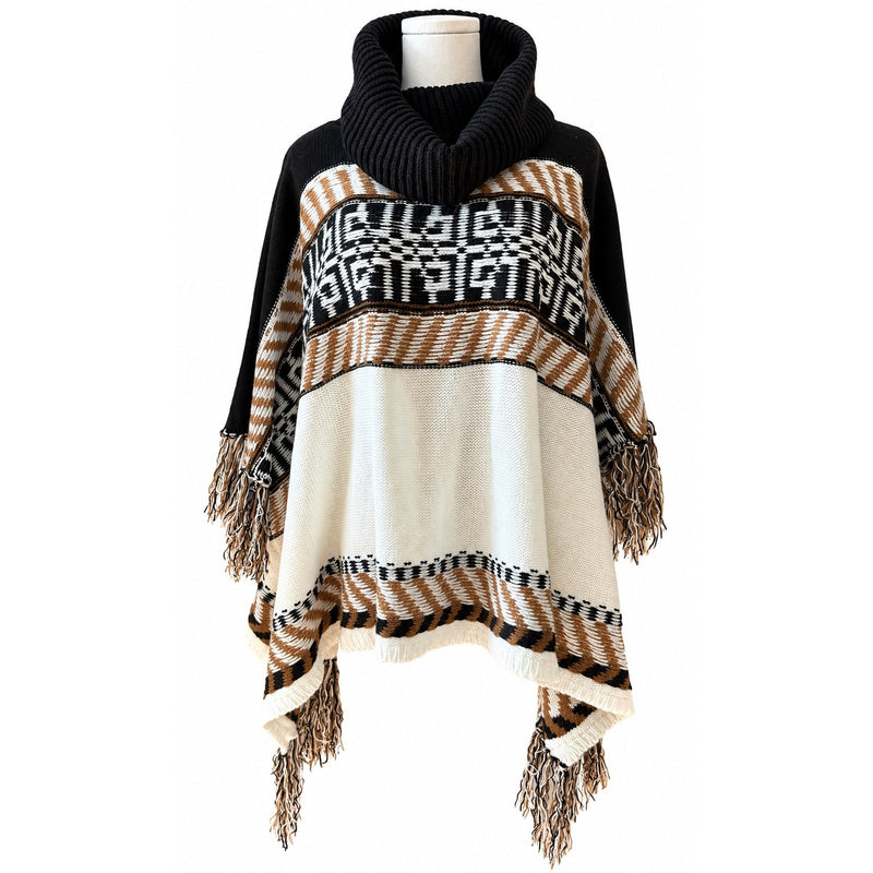 ON BLUE Cowl Neck Boho Fringe Poncho Sweater Black Cream Brown S/M NWT
