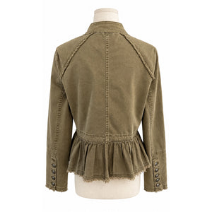 Free People Small Flared Ruffle Hem Military Jacket Olive Green