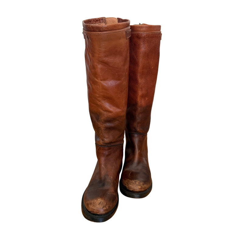 FREEBIRD BY STEVEN Roadey Distressed Leather Back Zip Riding Boots Cognac 38 (7-7.5) BRAND NEW