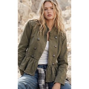 Free People Small Flared Ruffle Hem Military Jacket Olive Green