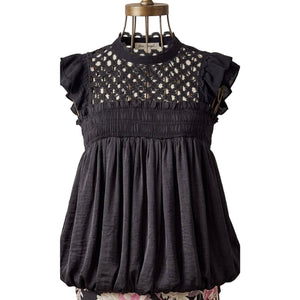 Free People FP One Brittany Black Lace Smock Top Large NWOT